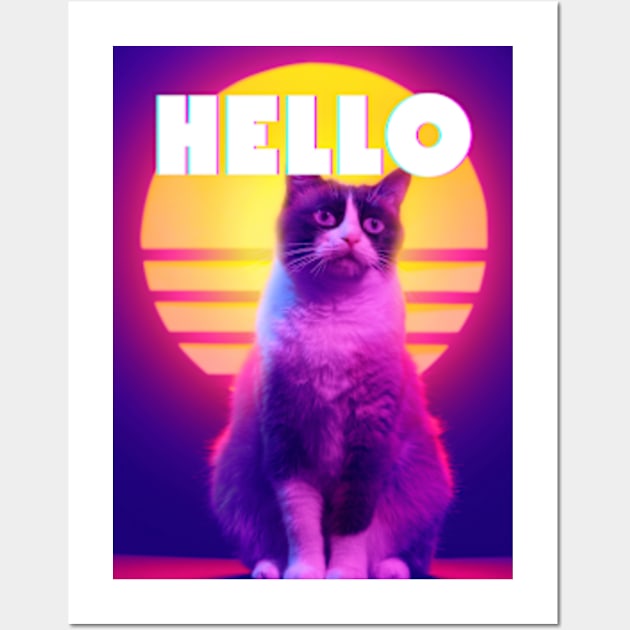 Hello Synthwave Retro Cat Wall Art by 80snerd